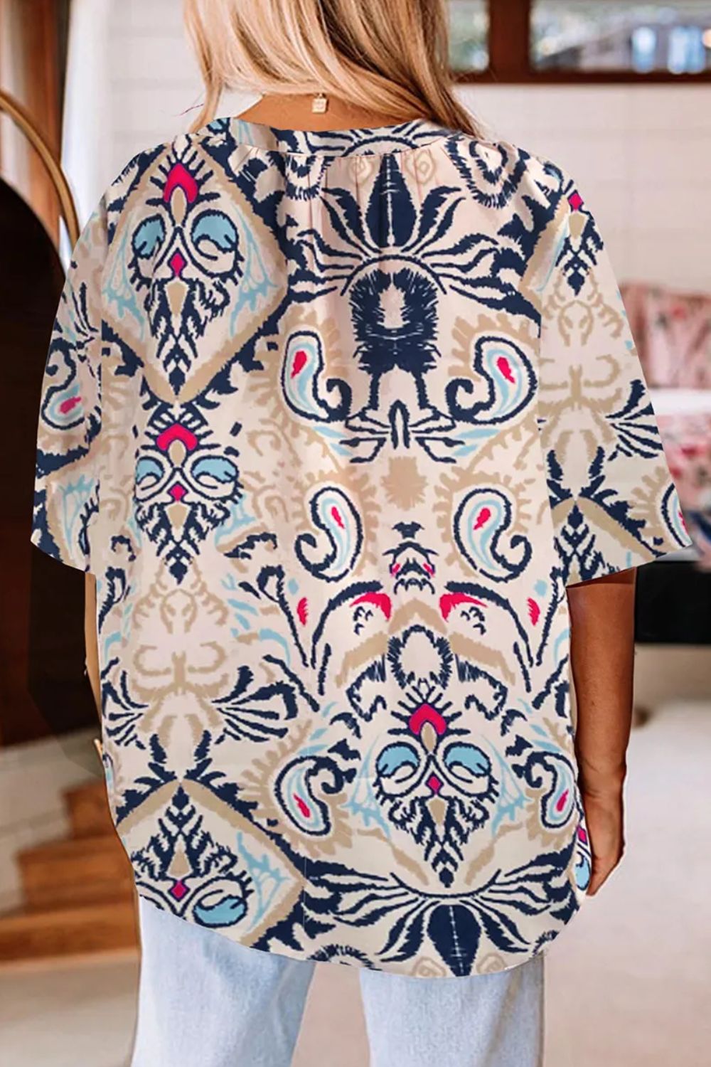 Printed Notched Half Sleeve Blouse - Charming Charlie
