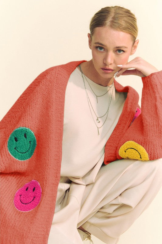 Davi & Dani Fuzzy Smile Open Front Long Sleeve Cardigan - Charming Charlie
