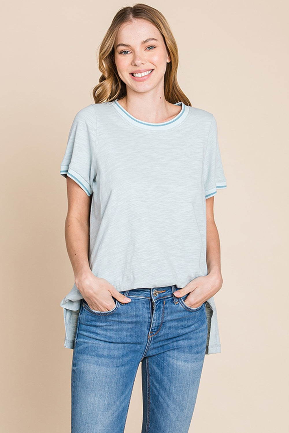 Cotton Bleu by Nu Lab Contrast Trim Short Sleeve Slit T-Shirt - Charming Charlie