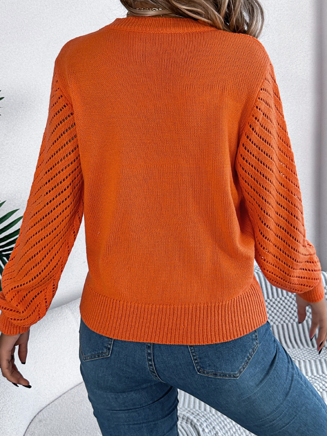 Openwork Round Neck Long Sleeve Knit Top - Charming Charlie