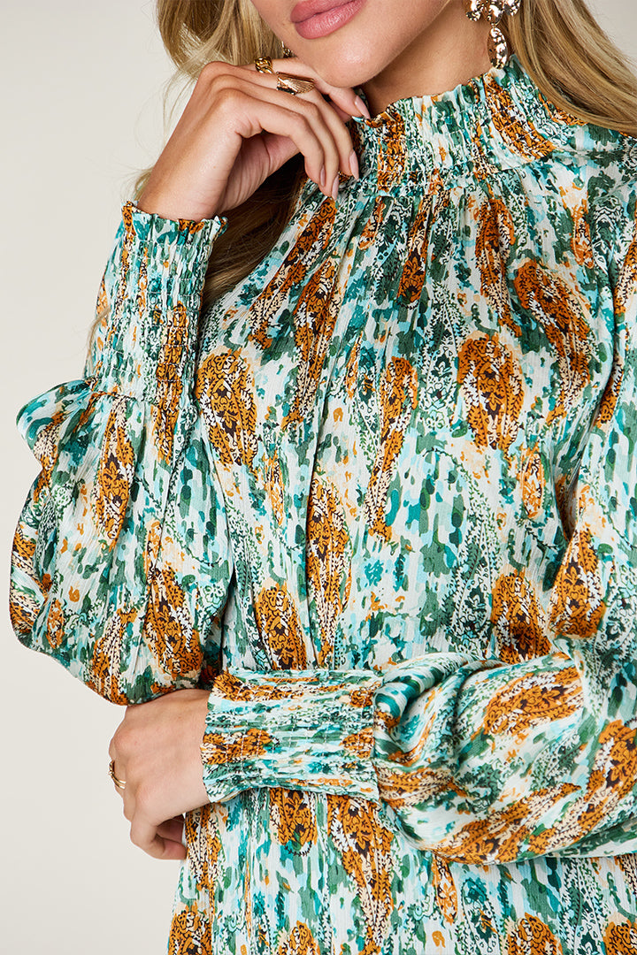 Double Take Full Size Printed Smocked Long Sleeve Blouse - Charming Charlie