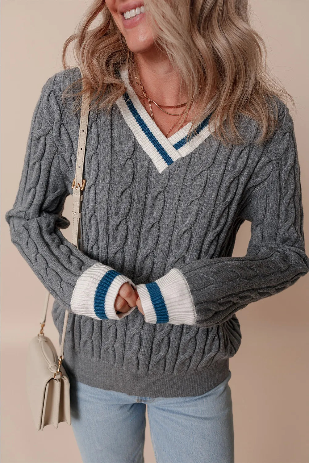 Cable-Knit V-Neck Long Sleeve Sweater - Charming Charlie