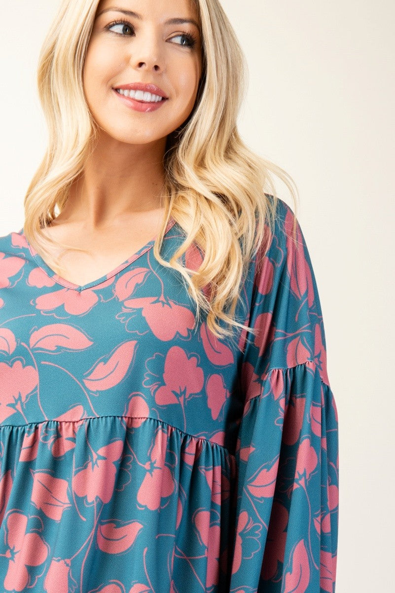 Celeste Full Size Tiered Floral V-Neck Long Sleeve Blouse - Charming Charlie