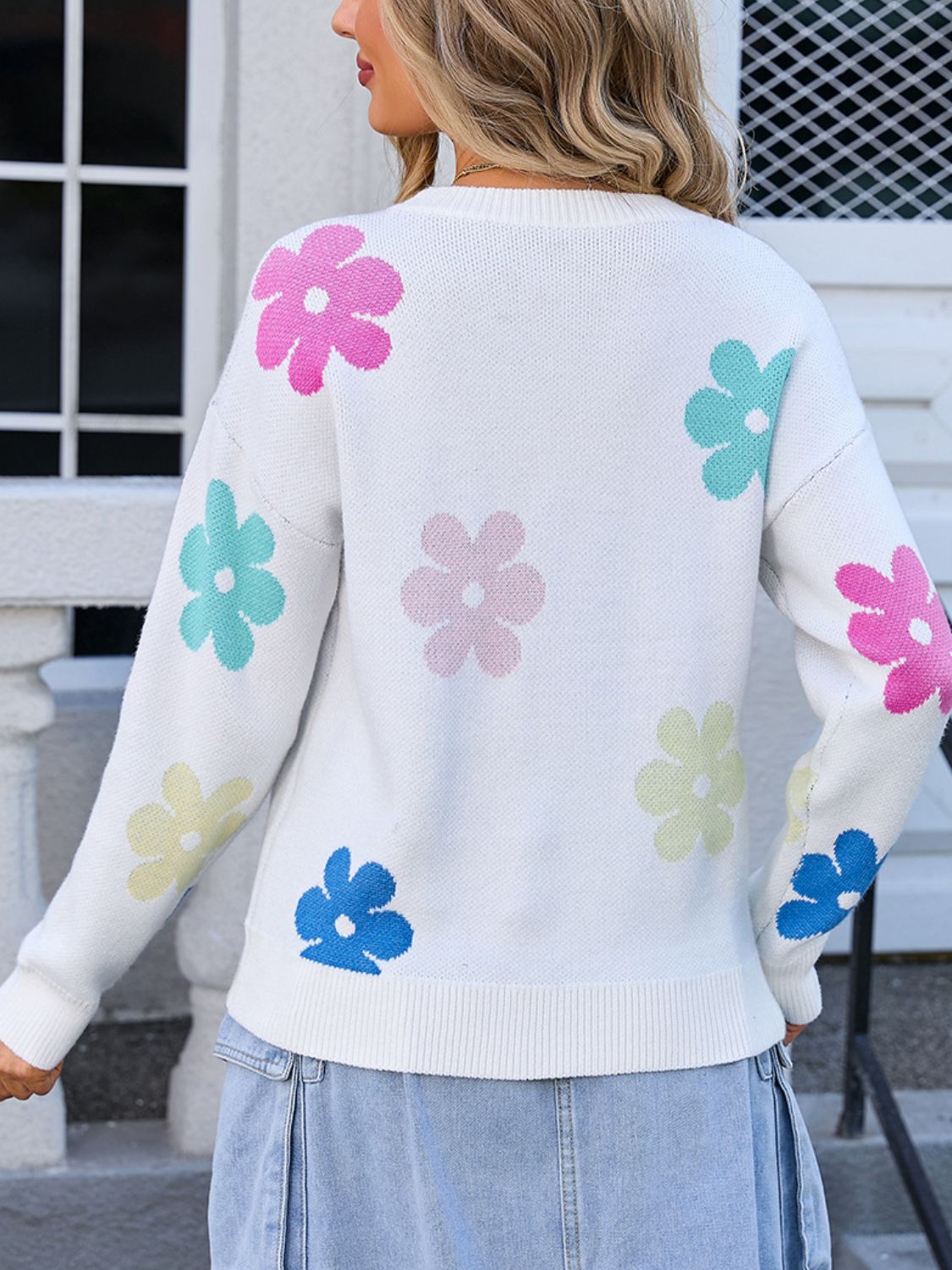 Flower Round Neck Long Sleeve Sweater - Charming Charlie