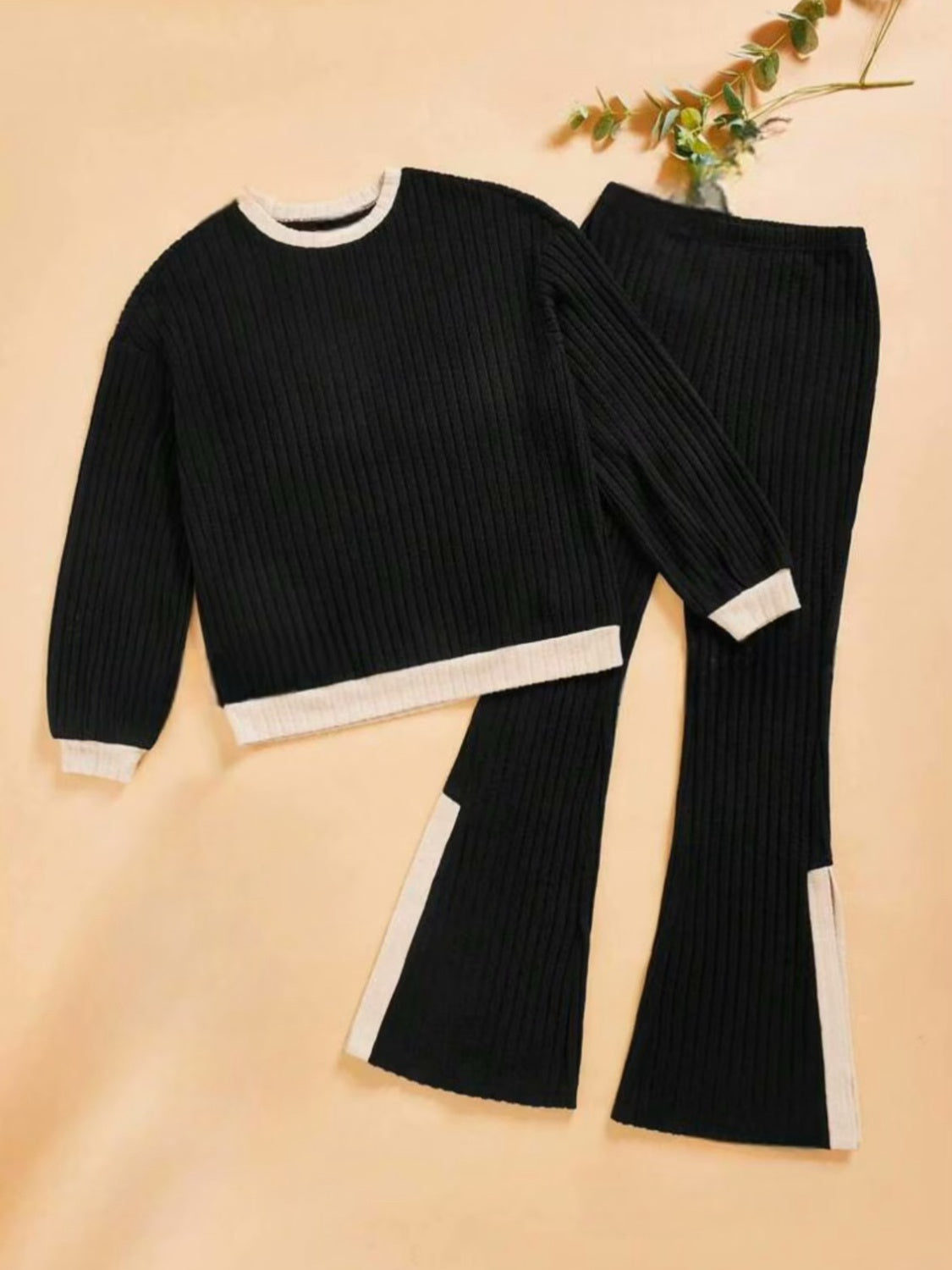 Contrast Round Neck Long Sleeve Top and Bootcut Pants Set - Charming Charlie