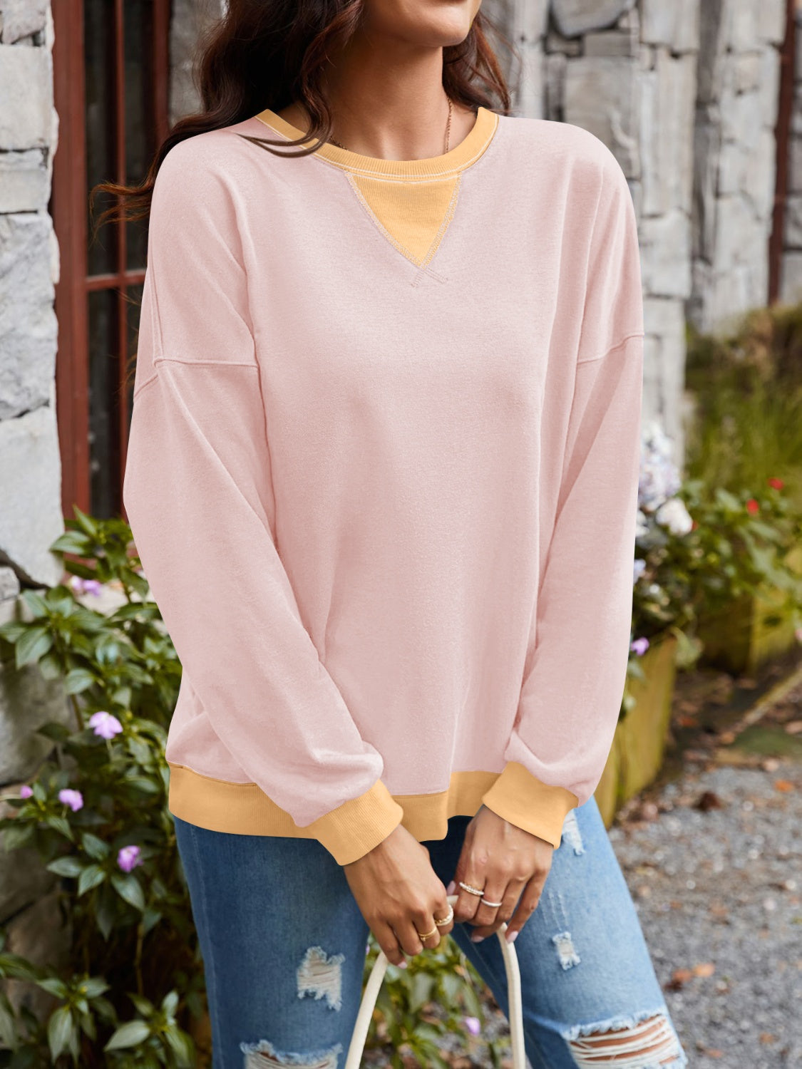 Contrast Round Neck Long Sleeve Sweatshirt - Charming Charlie