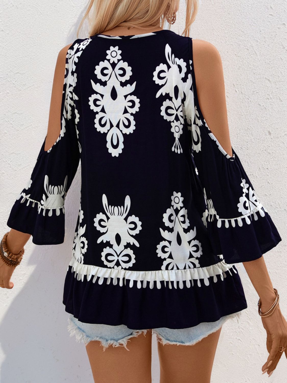 Tassel Printed Tie Neck Cold Shoulder Blouse - Charming Charlie