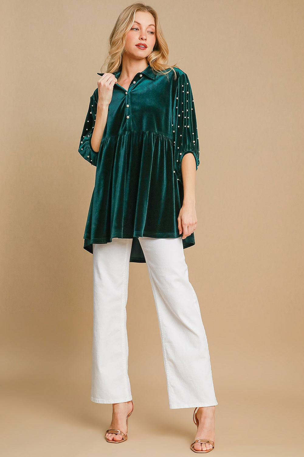Umgee Pearl Detail Half Sleeve Velvet Babydoll Blouse - Charming Charlie