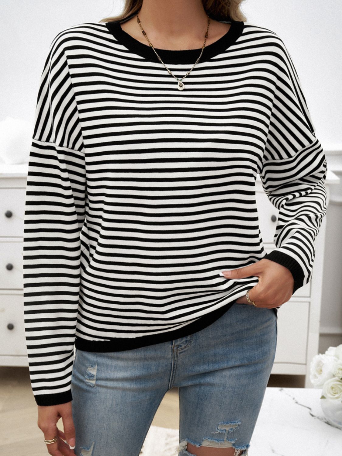 Striped Round Neck Dropped Shoulder Sweater - Charming Charlie