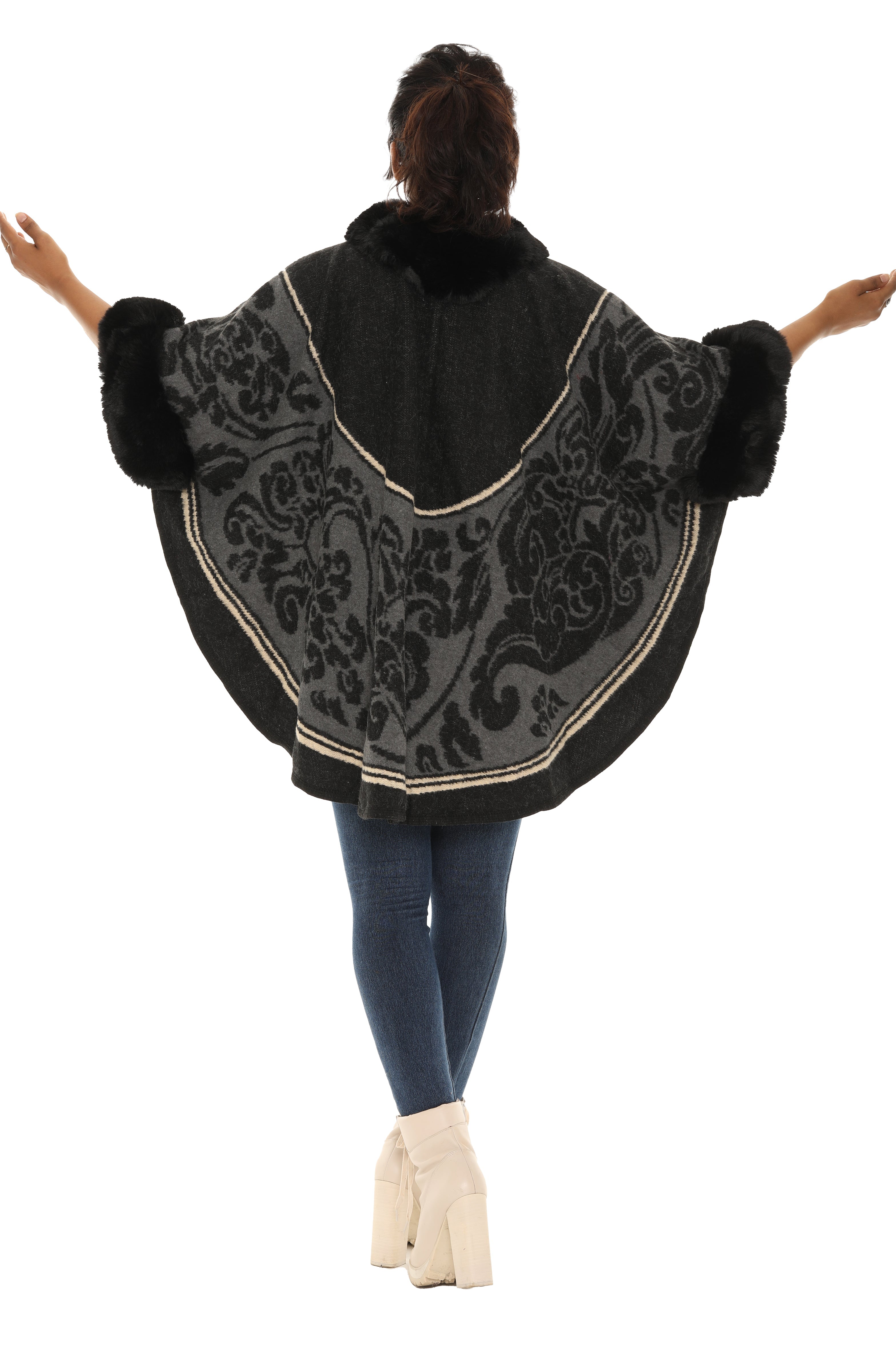 Faux Fur Trimmed Retro Floral Print Black and Gold Poncho - Charming Charlie