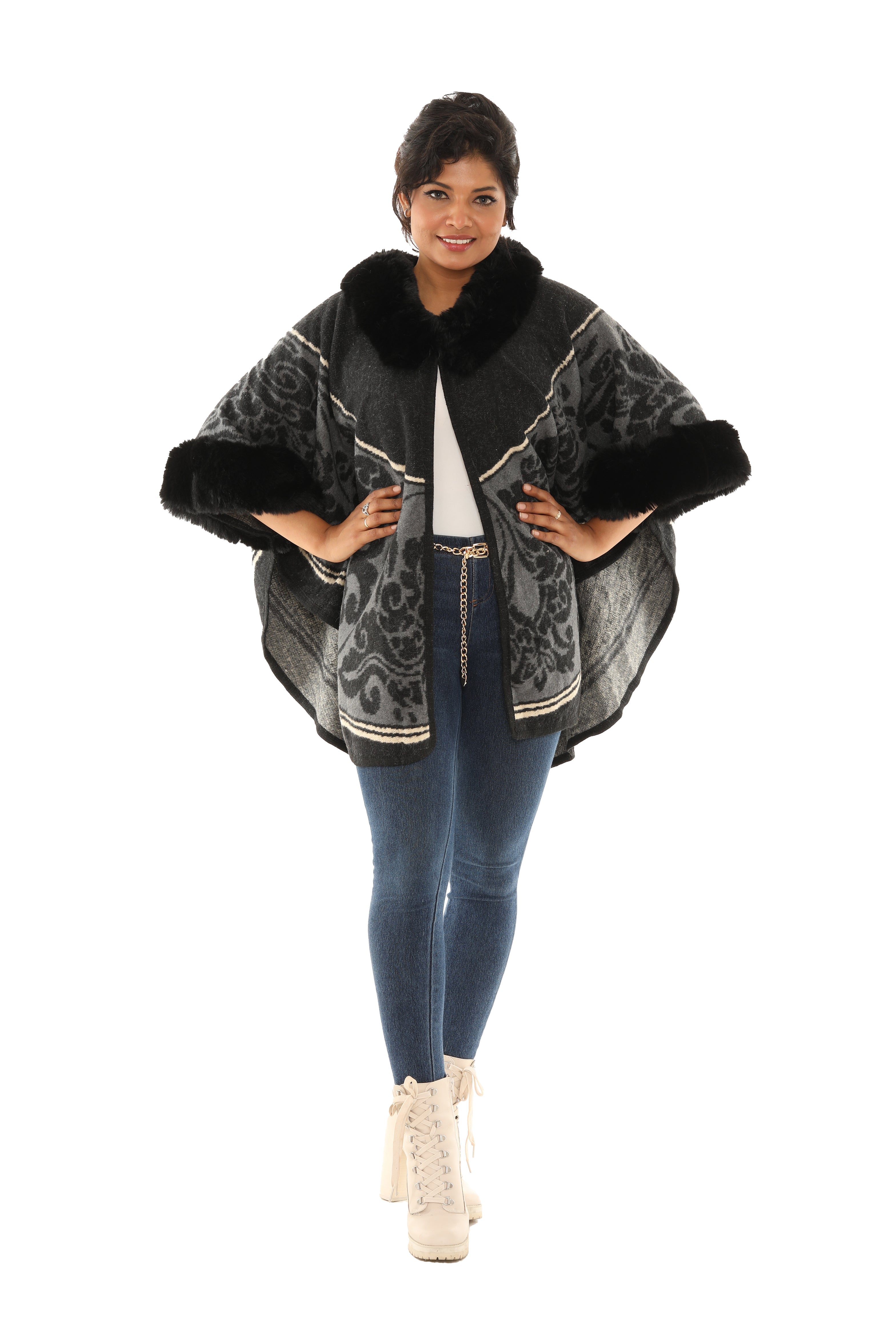 Faux Fur Trimmed Retro Floral Print Black and Gold Poncho - Charming Charlie