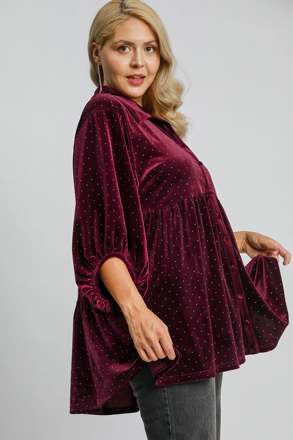 Umgee Full Size Polka Dot Button Up Half Sleeve Shirt - Charming Charlie