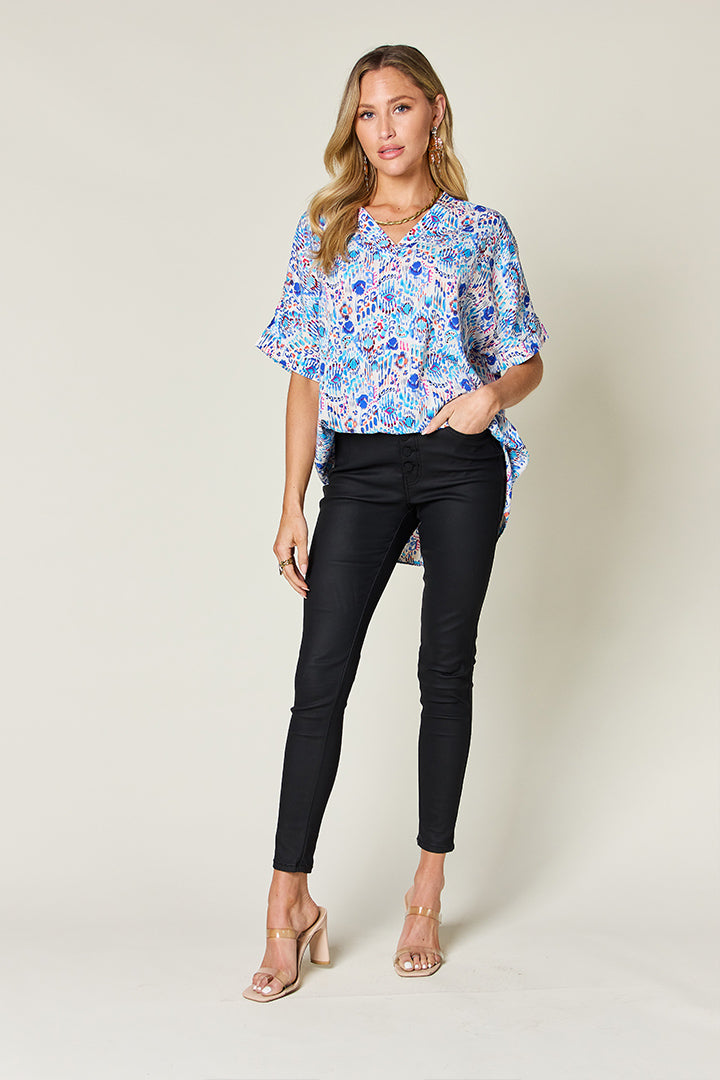 Double Take Full Size Printed V-Neck Short Sleeve Blouse - Charming Charlie