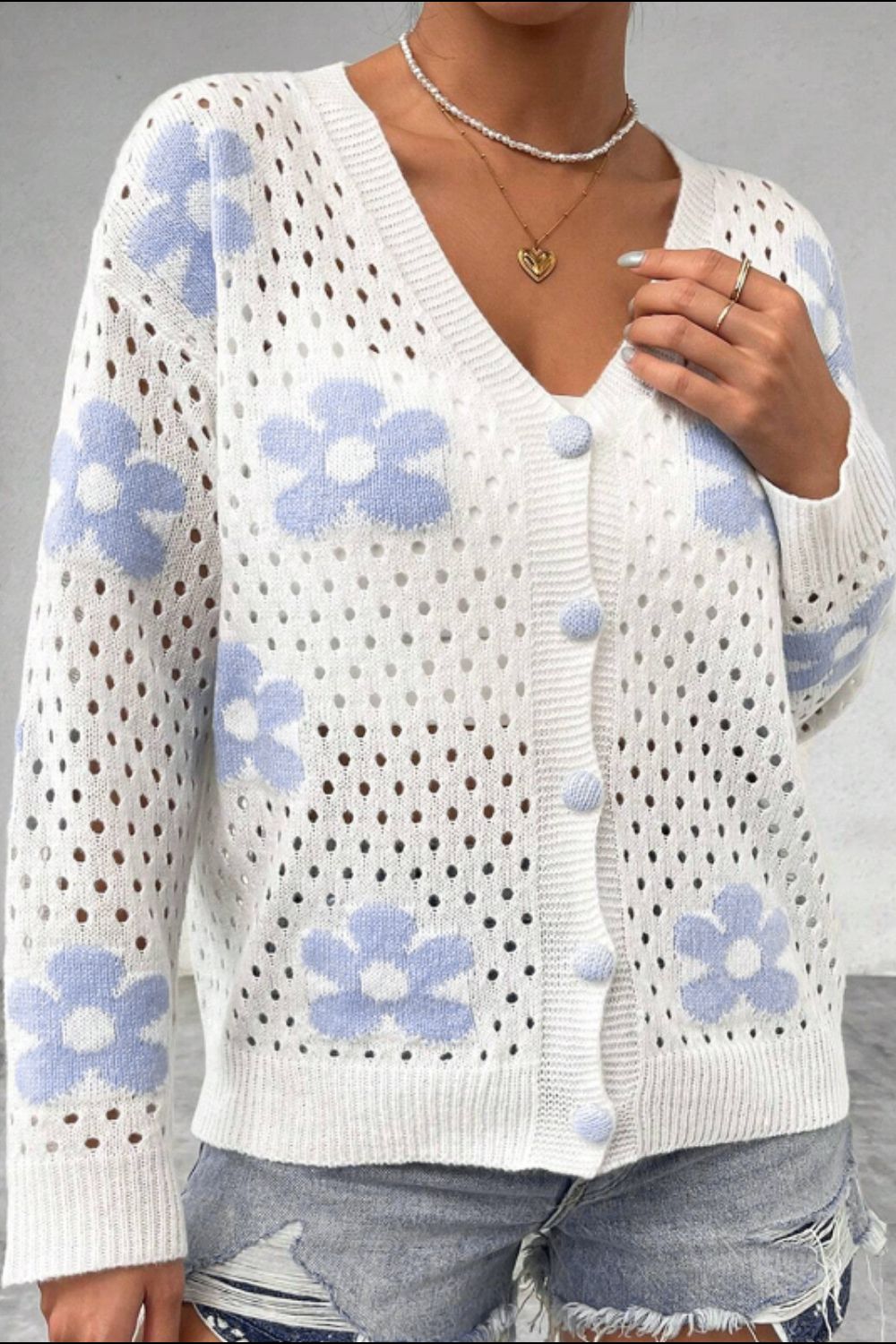 Flower Hollowed Out Button Down Long Sleeve Cardigan - Charming Charlie