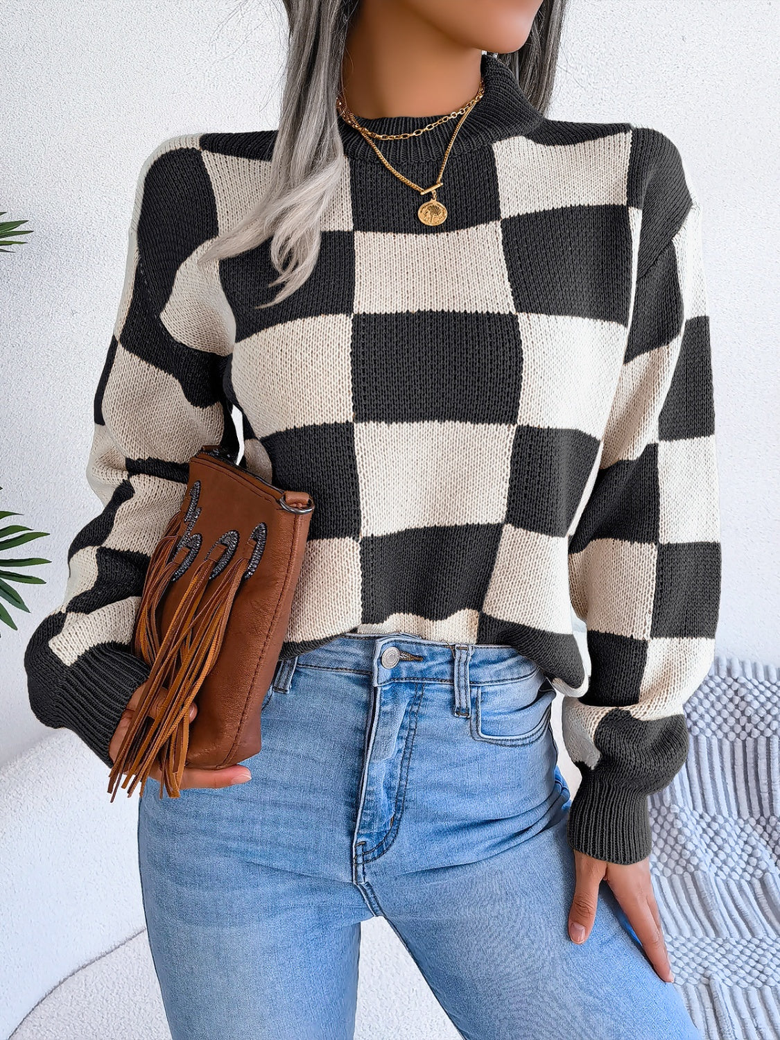 Checkered Mock Neck Long Sleeve Sweater - Charming Charlie