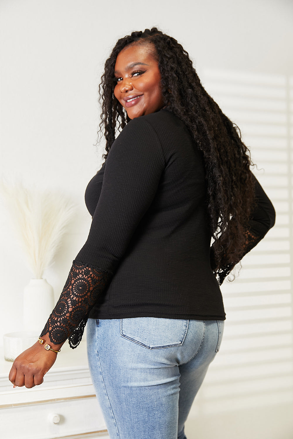 Double Take Crochet Lace Hem Sleeve Button Top - Charming Charlie