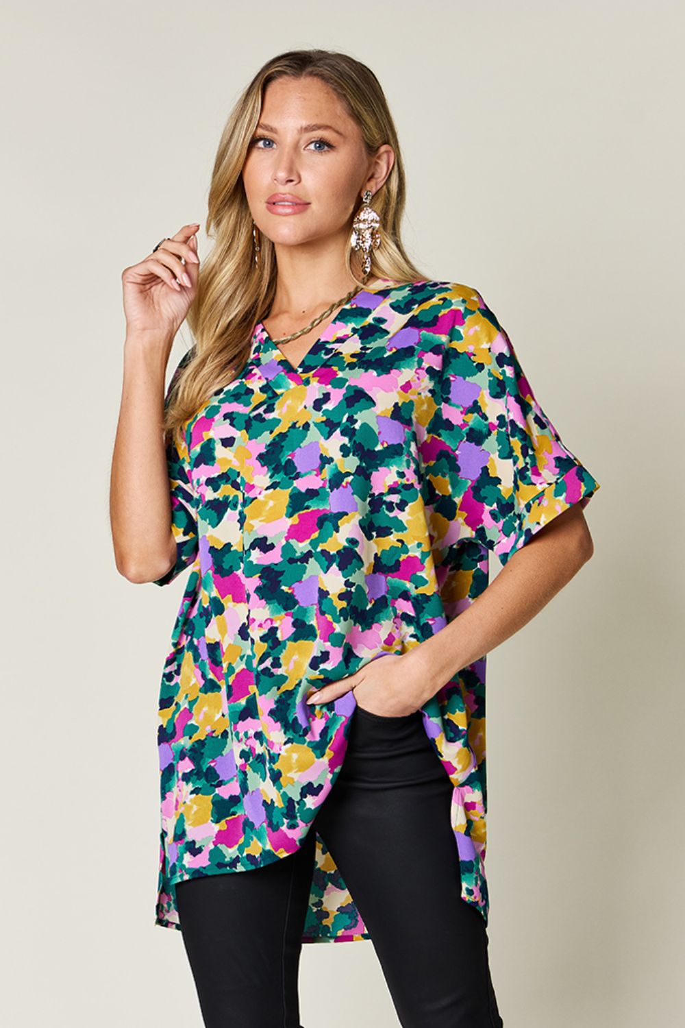Double Take Full Size Printed V-Neck Short Sleeve Side Slit Top - Charming Charlie