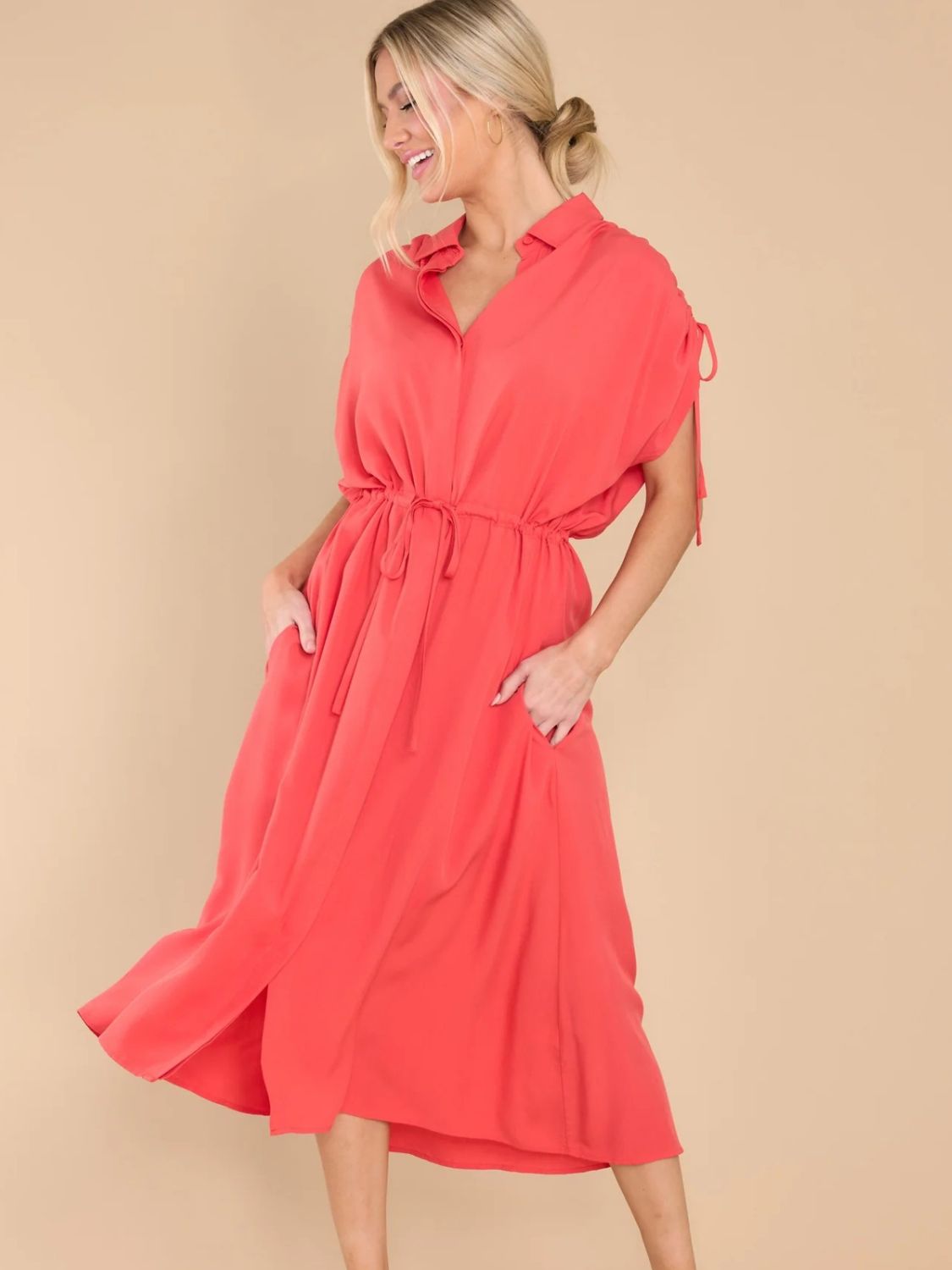 Drawstring Collared Neck Short Sleeve Midi Dress - Charming Charlie