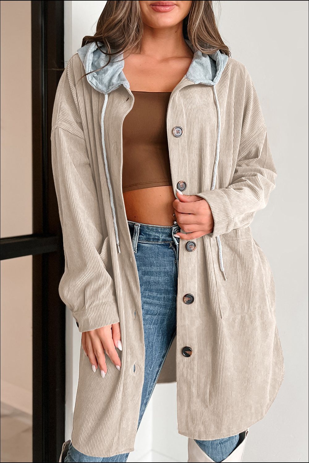 Drawstring Button Up Long Sleeve Hooded Jacket - Charming Charlie