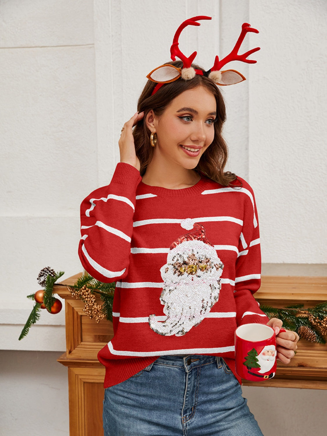 Sequin Santa Striped Round Neck Long Sleeve Sweater - Charming Charlie