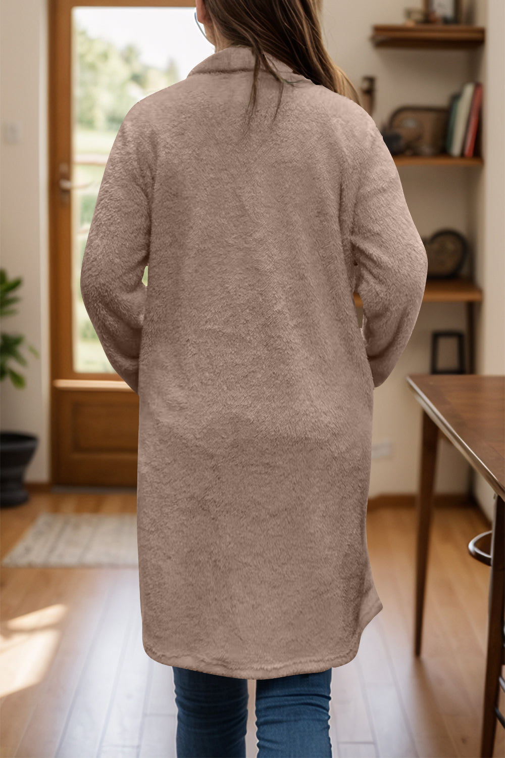 Full Size One Button Long Sleeve Longline Plush Coat - Charming Charlie
