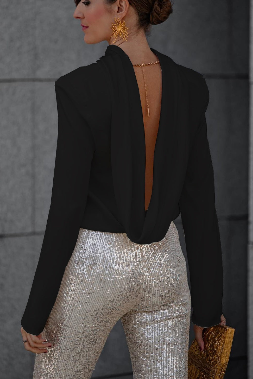 Backless Cowl Neck Long Sleeve Blouse - Charming Charlie