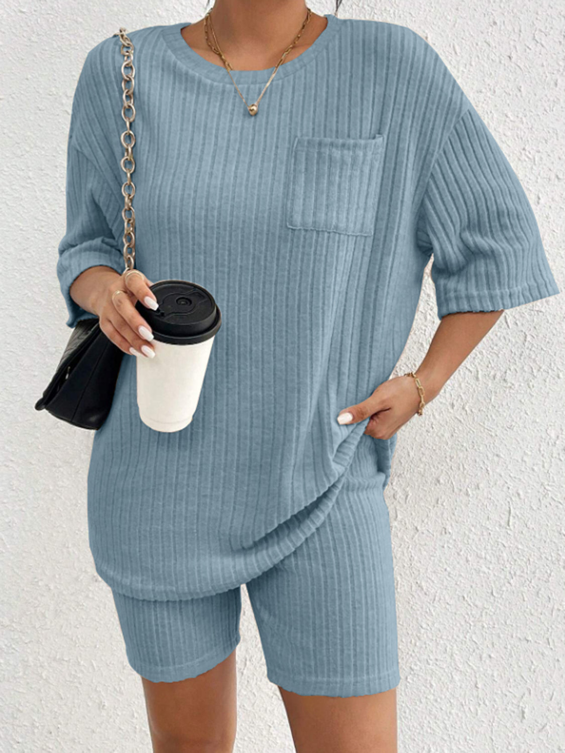 Ribbed Round Neck Top and Shorts Set - Charming Charlie