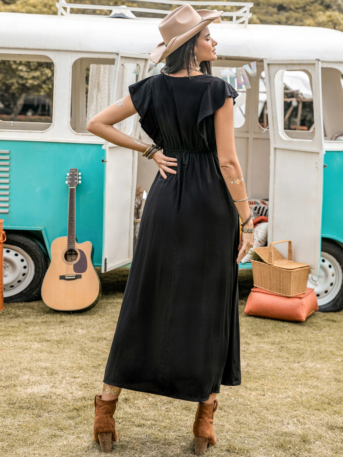 Lace Detail Plunge Cap Sleeve Midi Dress - Charming Charlie