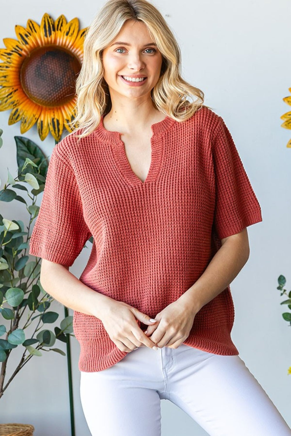First Love Notched Short Sleeve Knit Top - Charming Charlie