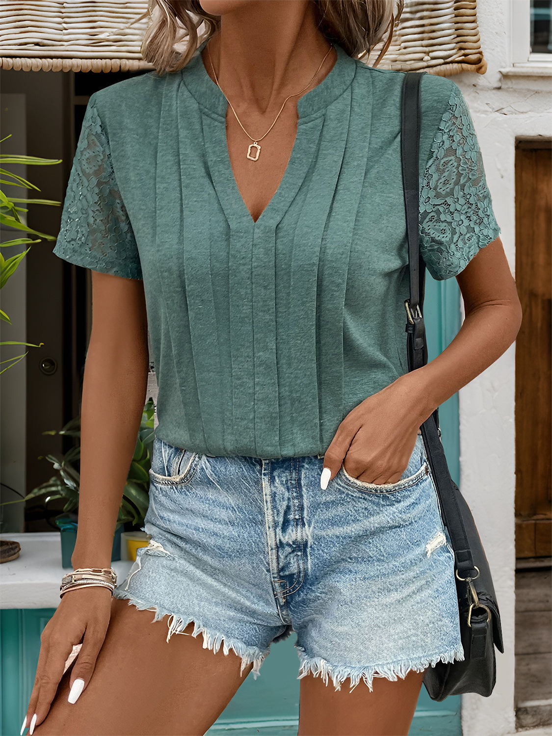 Lace Detail Notched Short Sleeve T-Shirt - Charming Charlie