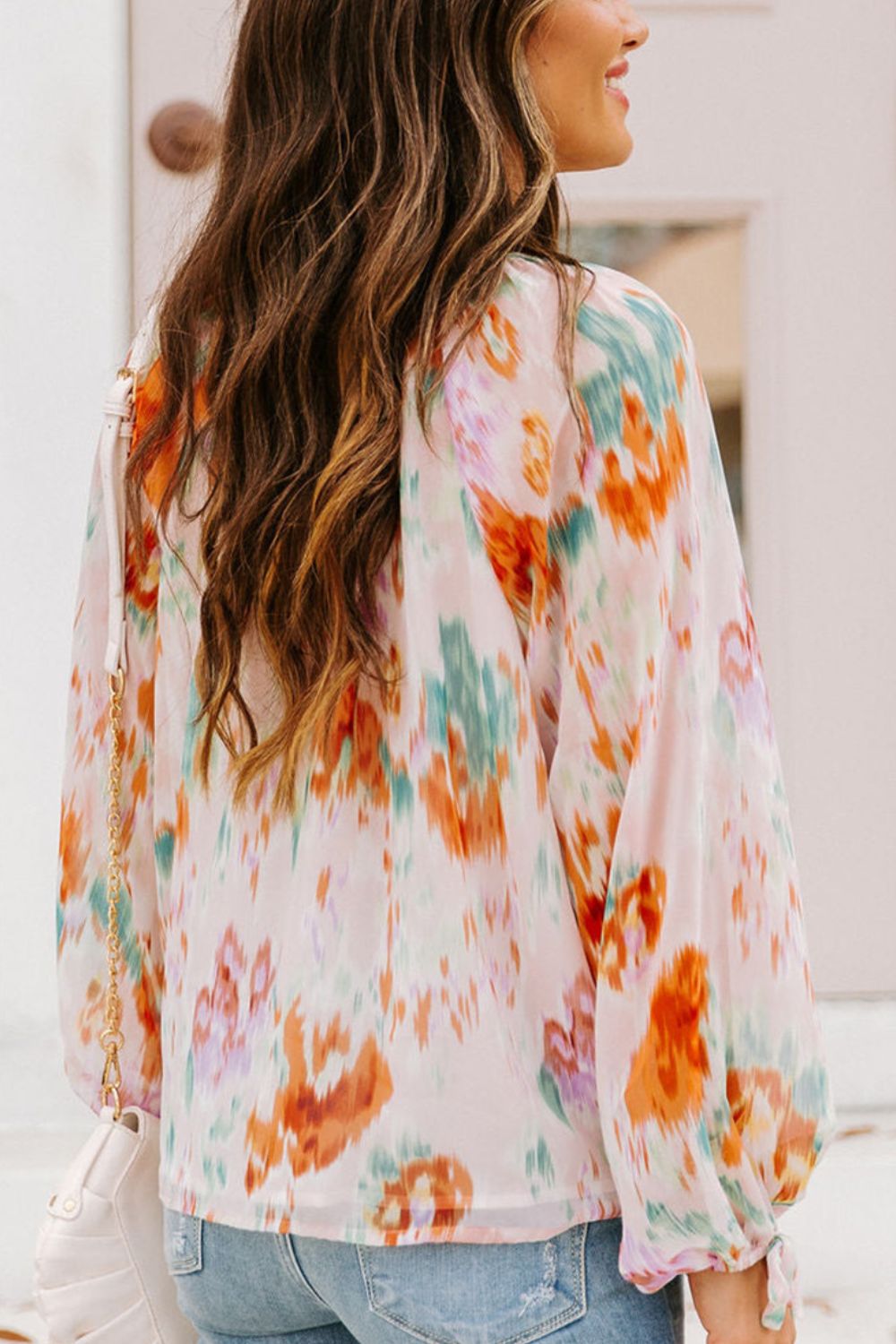 Printed Tie Neck Long Sleeve Blouse - Charming Charlie