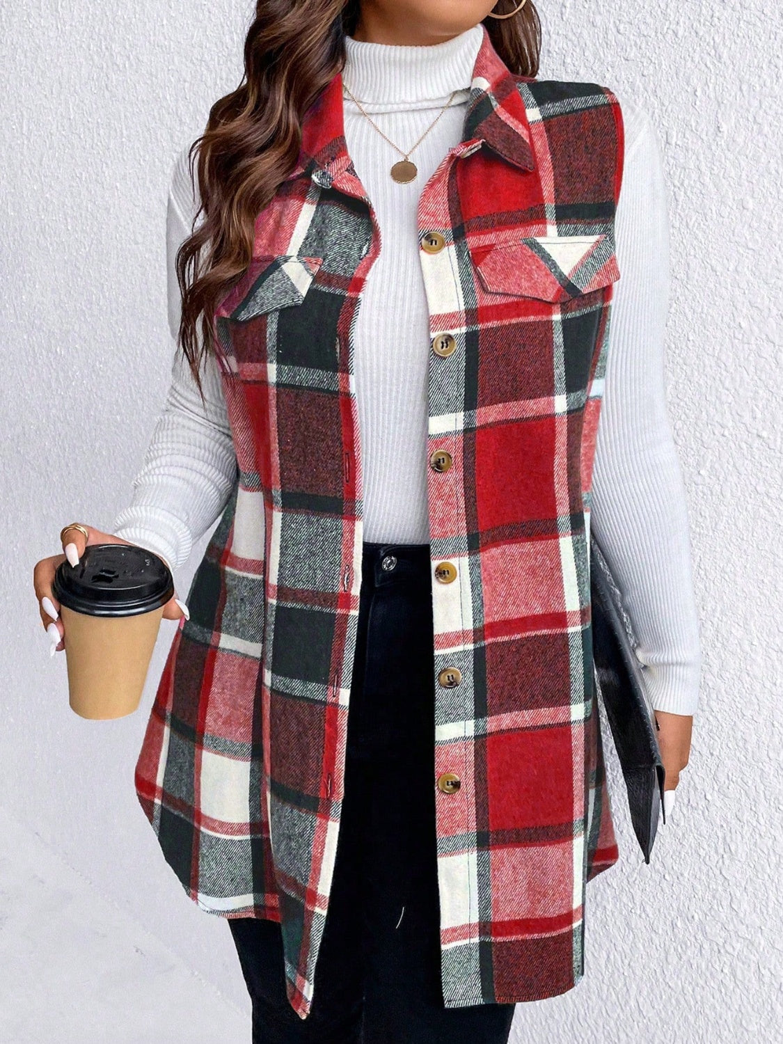 Honey Plus Size Pocketed Plaid Button Up Vest Coat - Charming Charlie