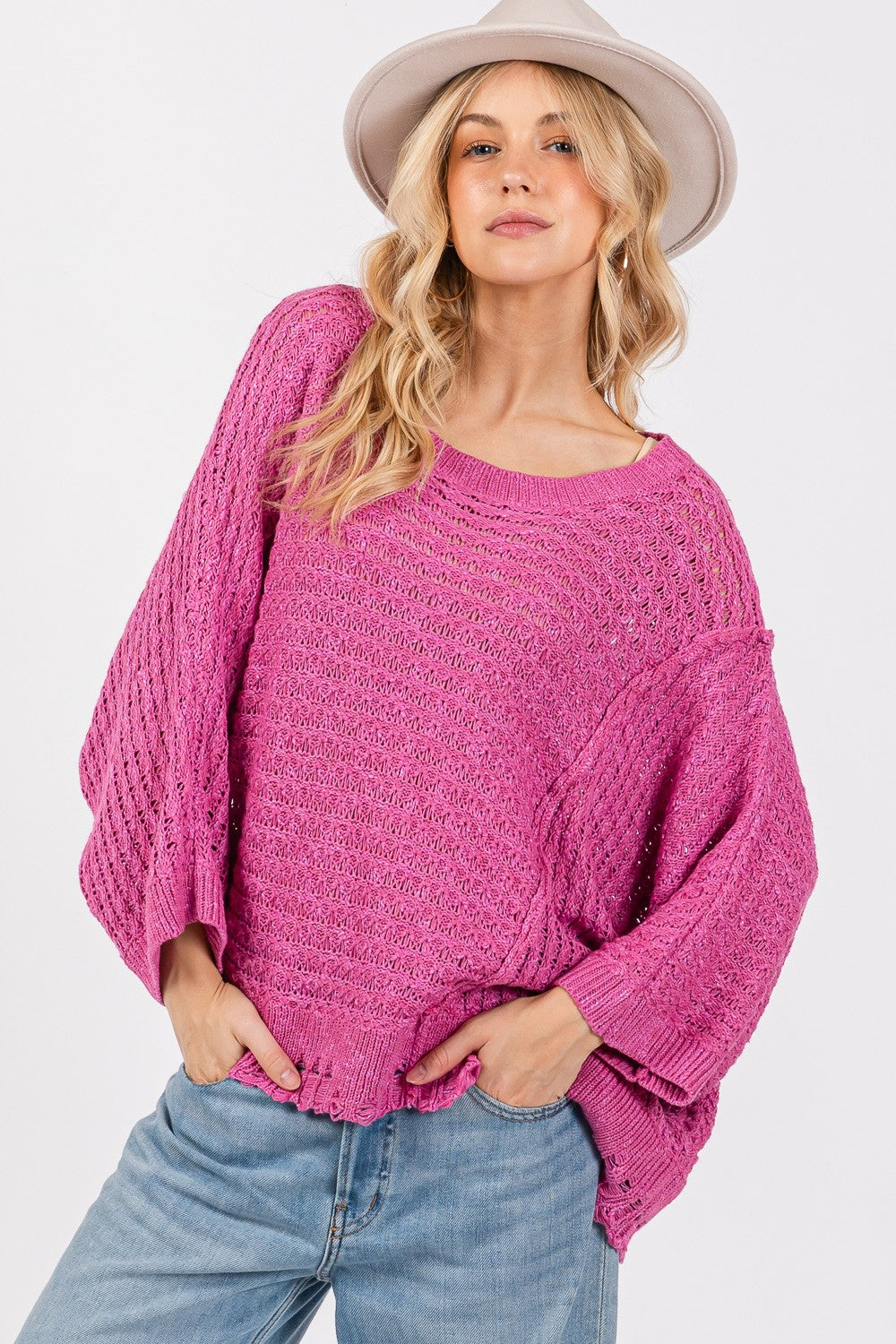 SAGE + FIG Distressed Asymmetrical Open Stitch Sweater - Charming Charlie