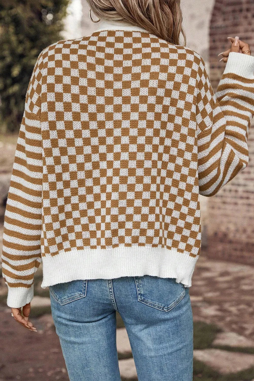 Checkered V-Neck Long Sleeve Cardigan - Charming Charlie