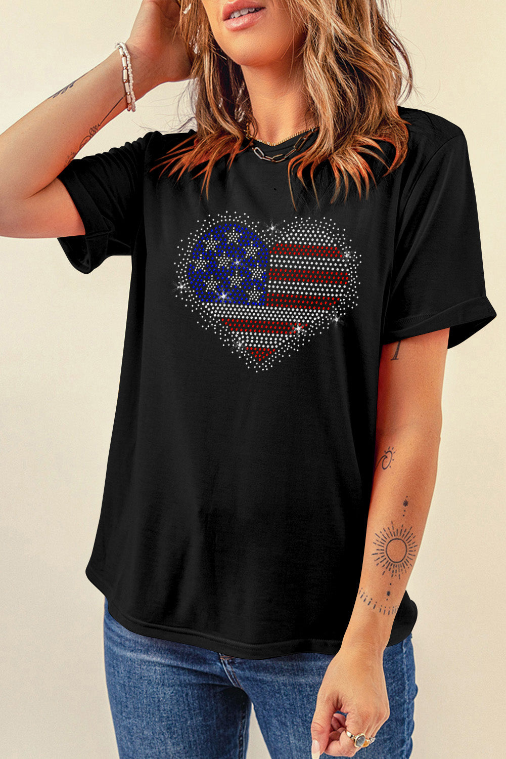 Rhinestone Heart Round Neck Short Sleeve T-Shirt - Charming Charlie