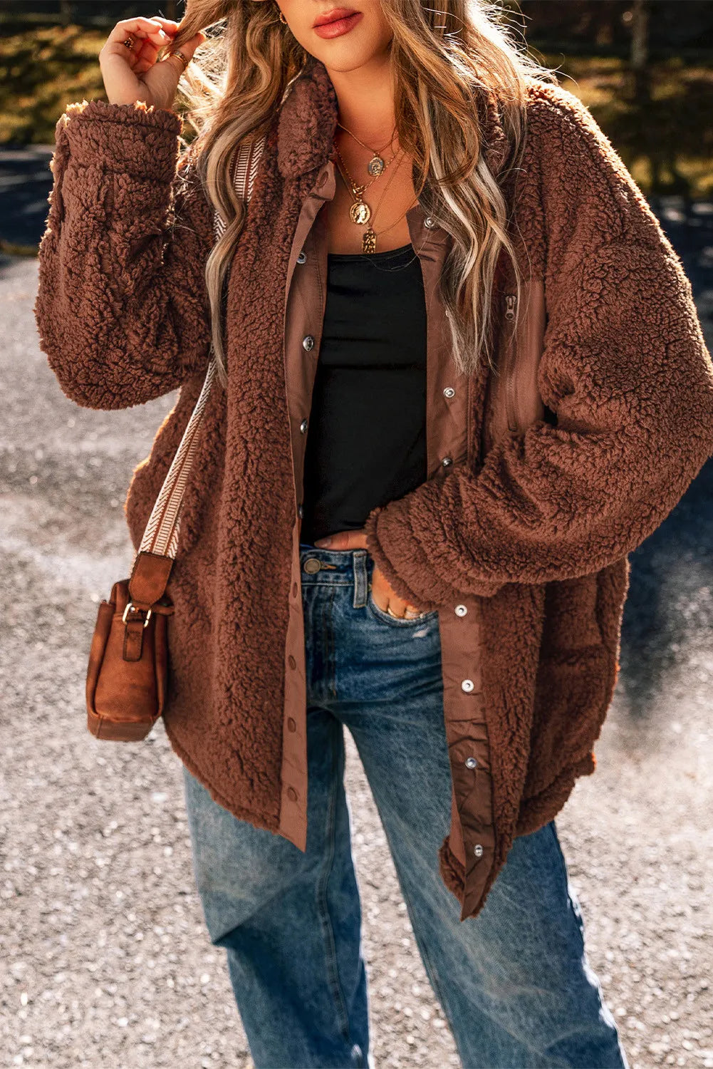 Fuzzy Snap Down Dropped Shoulder Jacket - Charming Charlie