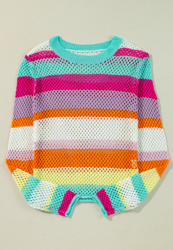 Openwork Contrast Striped Round Neck Knit Top - Charming Charlie