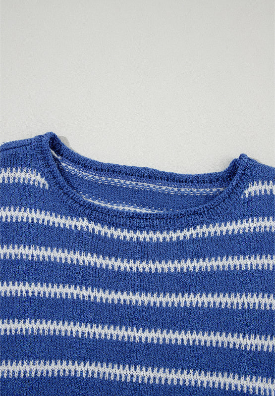 Striped Round Neck Dropped Shoulder Sweater - Charming Charlie