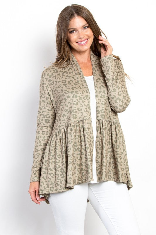 Be Stage Full Size Peplum Leopard Open Front Long Sleeve Cardigan - Charming Charlie