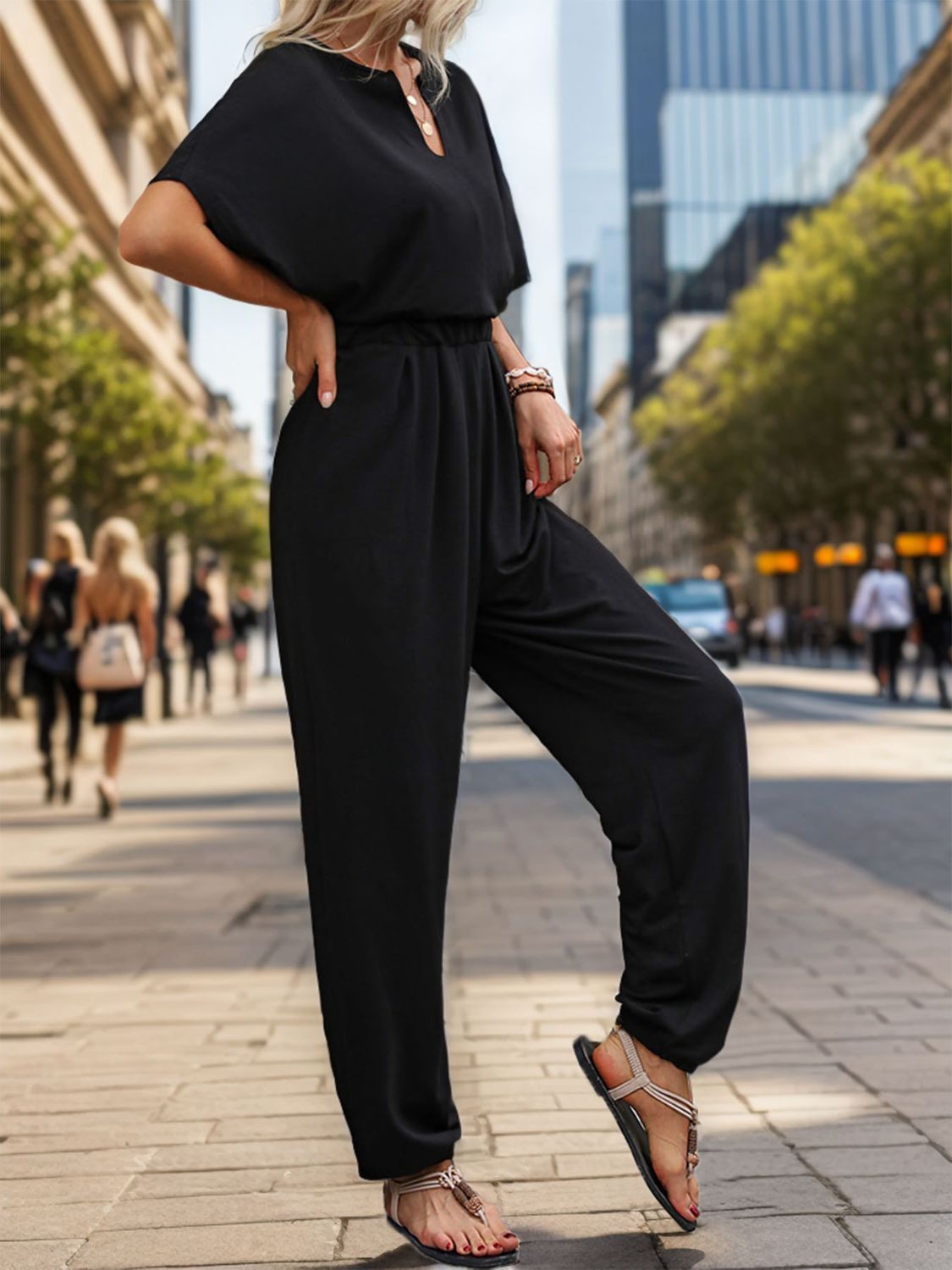 Notched Half Sleeve Straight Jumpsuit - Charming Charlie