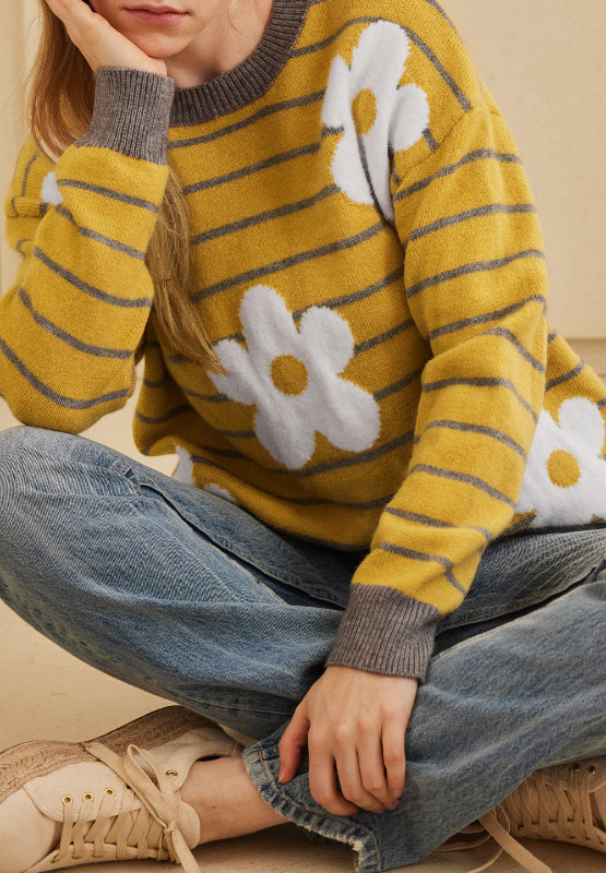 Flower Stripe Round Neck Long Sleeve Sweater - Charming Charlie