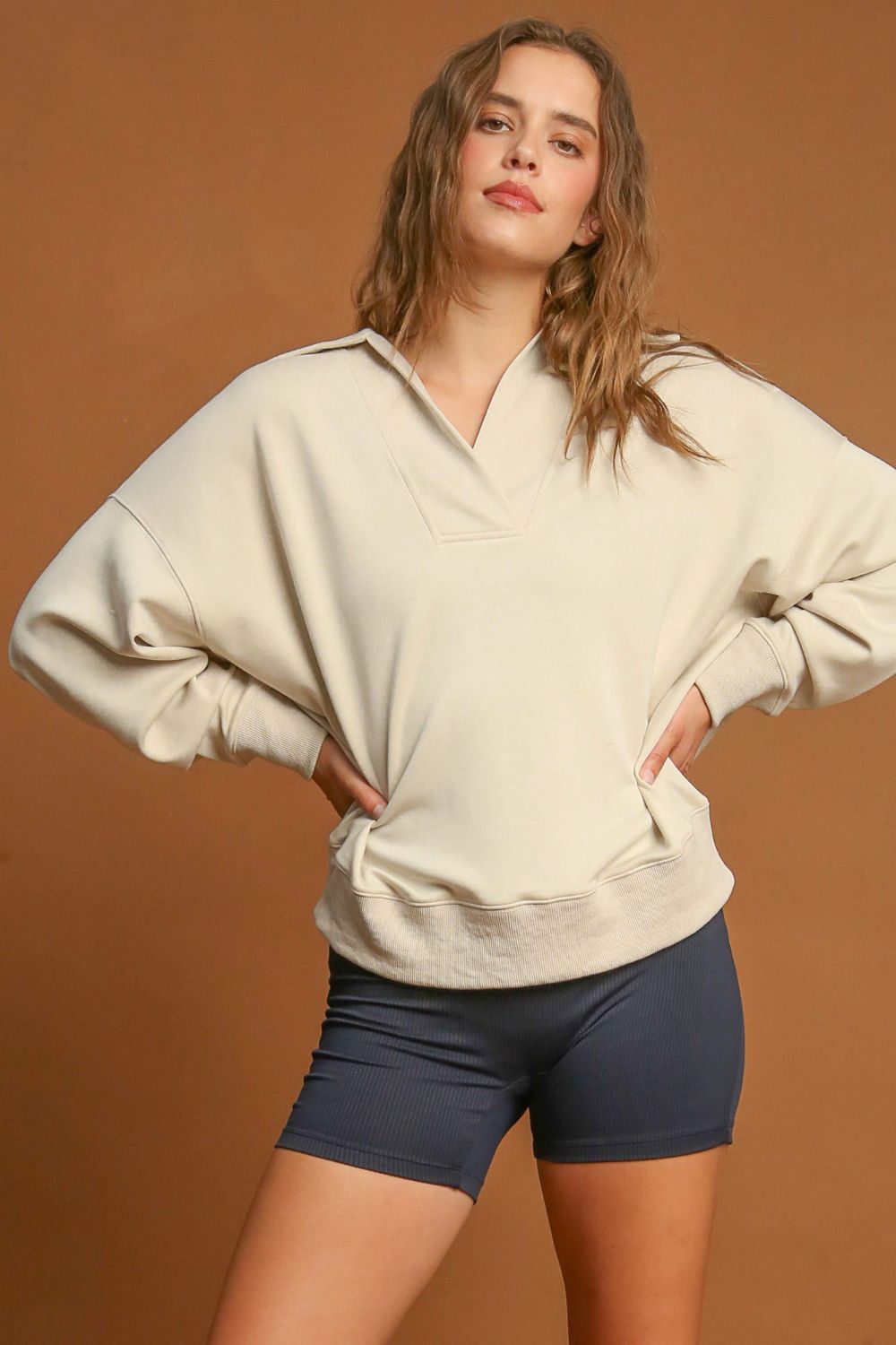Umgee Johnny Collar Dropped Shoulder Sweatshirt - Charming Charlie