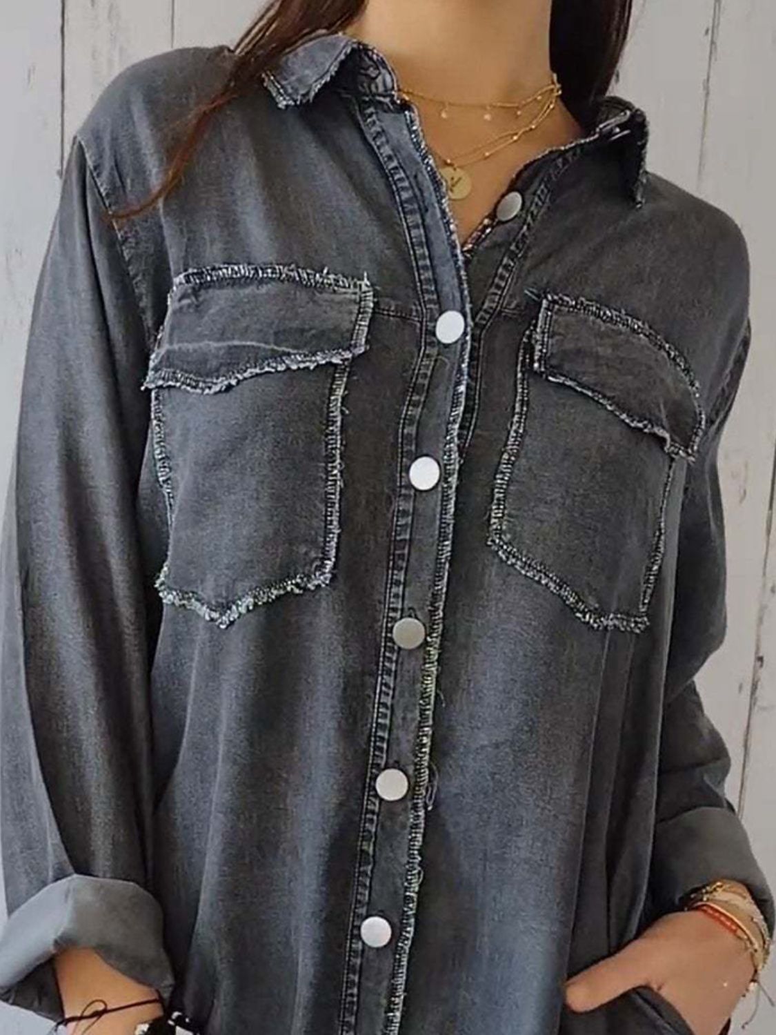 Full Size Raw Hem Button Up Long Sleeve Denim Top Plus Size - Charming Charlie