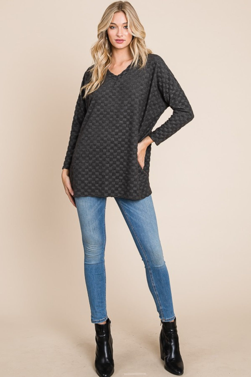 BOMBOM Checkered Long Sleeve V-Neck T-Shirt - Charming Charlie