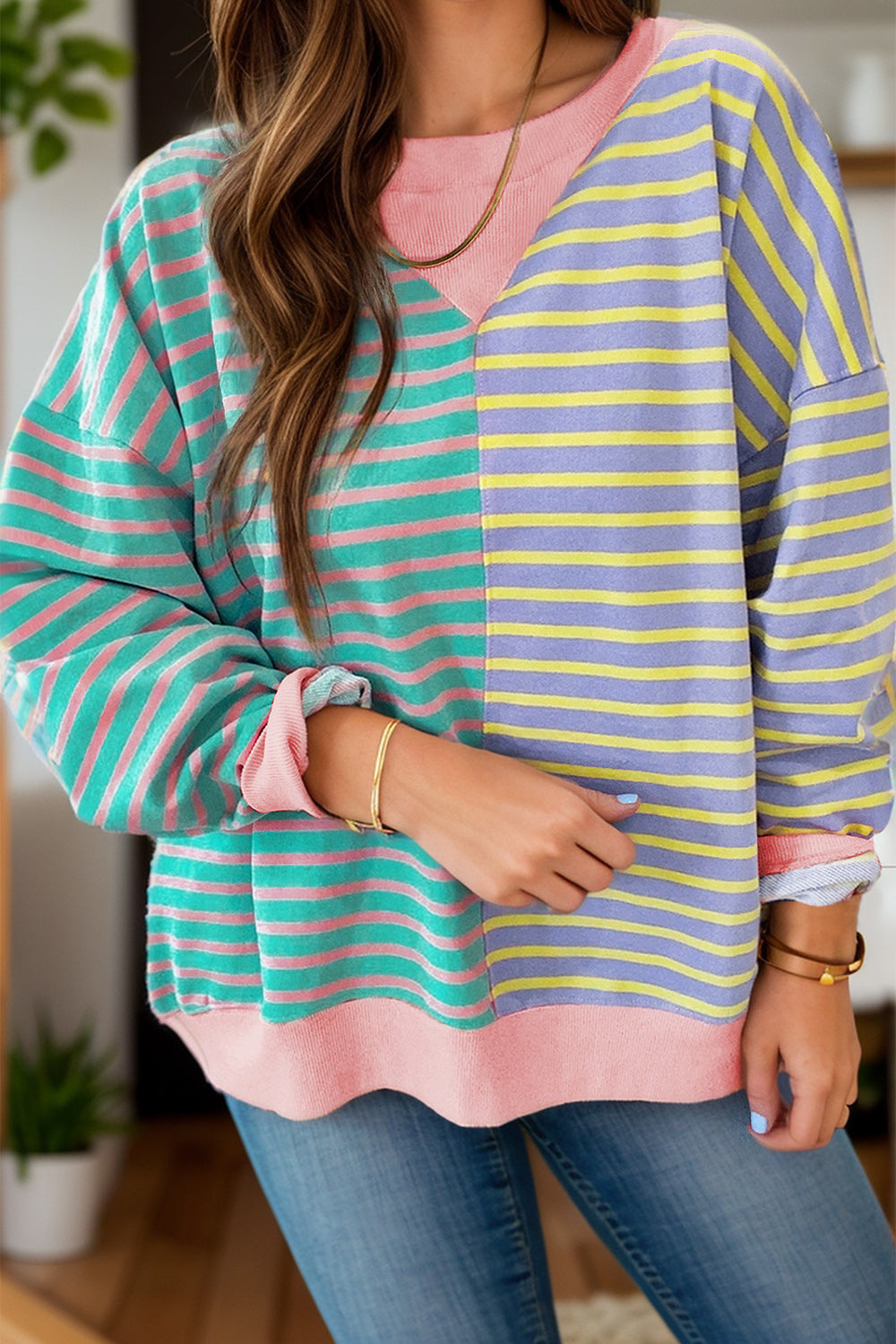Contrast Stripes Round Neck Long Sleeve Sweatshirt - Charming Charlie