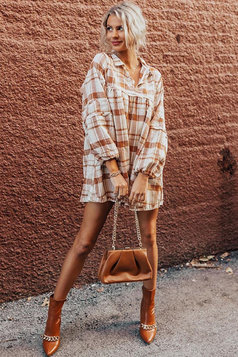 Plaid Collared Neck Long Sleeve Mini Shirt Dress - Charming Charlie