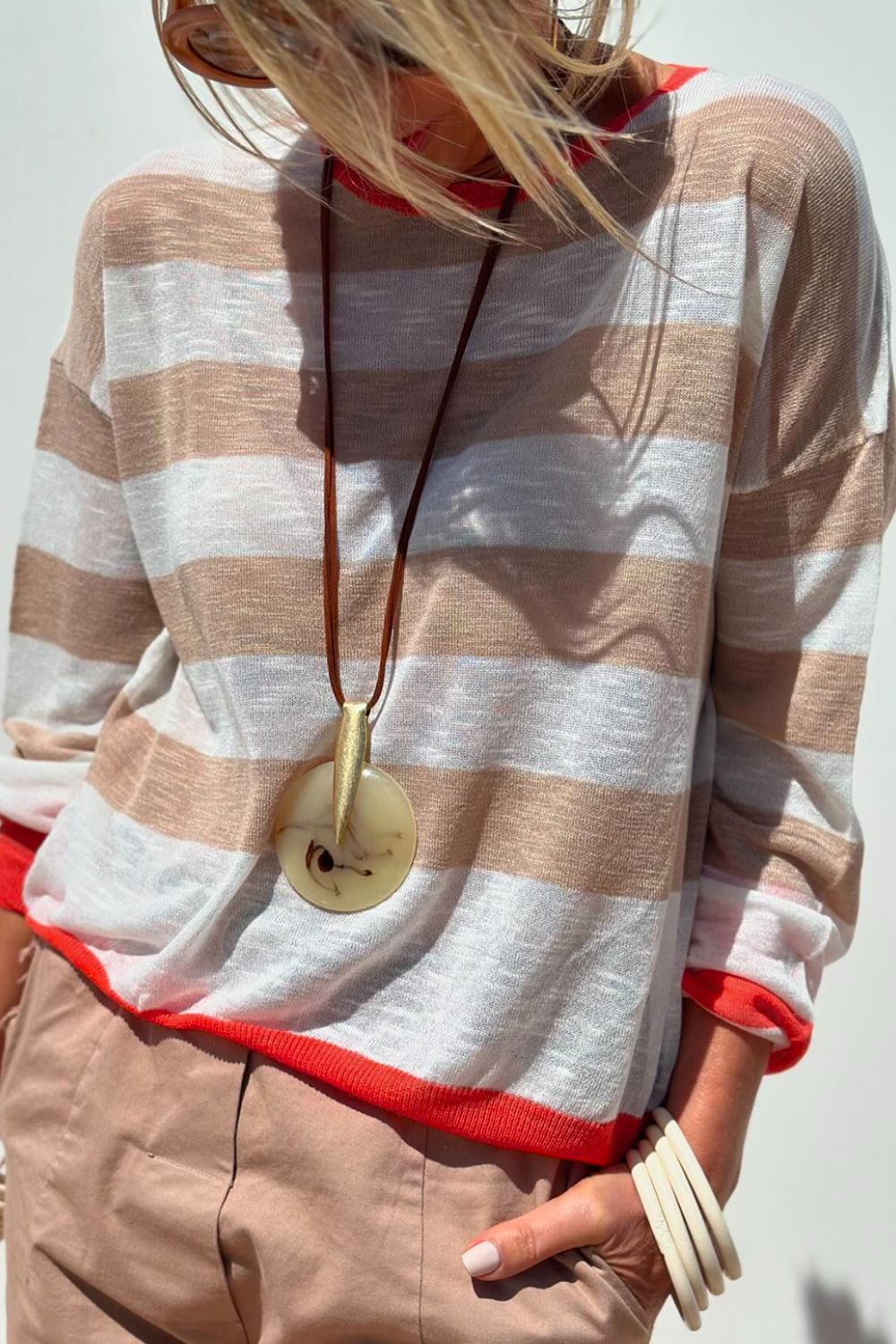 Contrast Striped Round Neck Drop Shoulder Knit Top - Charming Charlie