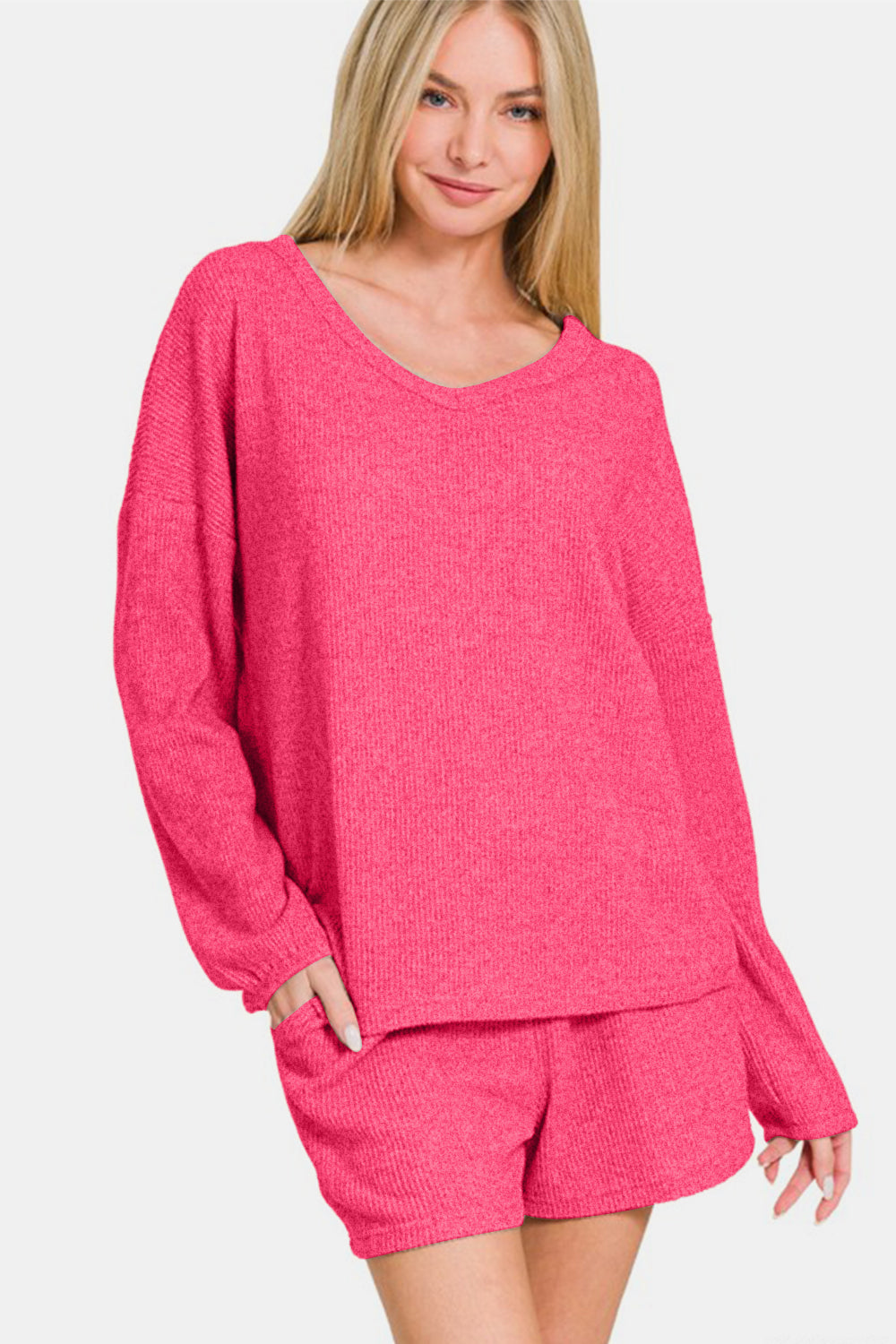 Zenana V-Neck Long Sleeve Ribbed Top and Shorts Set - Charming Charlie