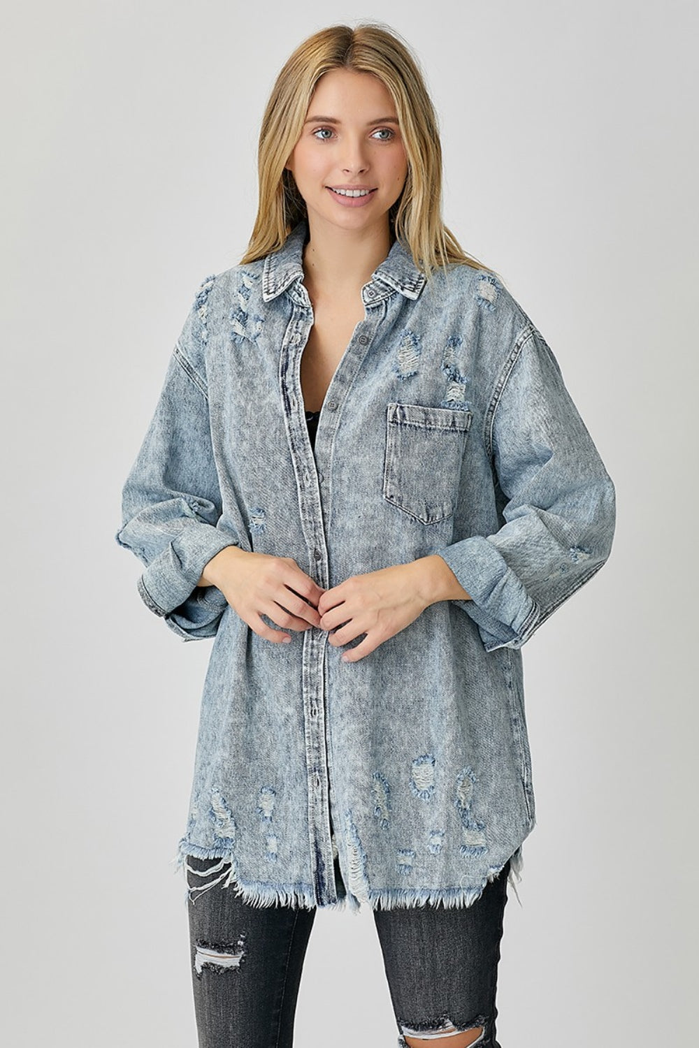 RISEN Distressed Raw Hem Denim Shirt - Charming Charlie