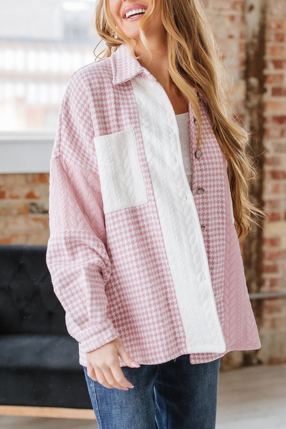 Color Block Houndstooth Collared Neck Shacket - Charming Charlie